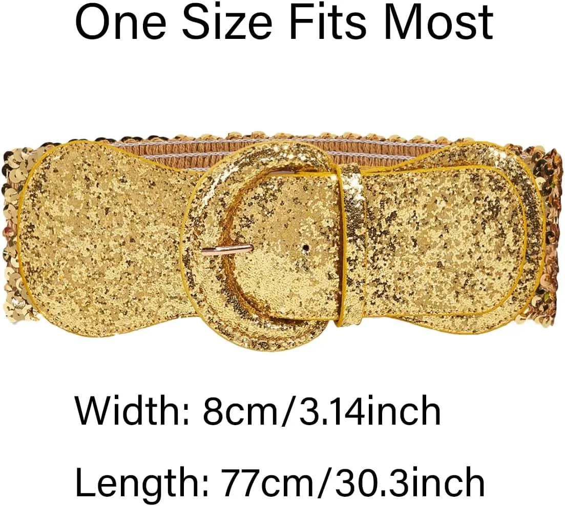 COTIM COYIN Womens Sequin Wide Buckle Stretchy Belt, Sparkly Glitter Vintage Elastic Belts for Dress Stretchy Waistband