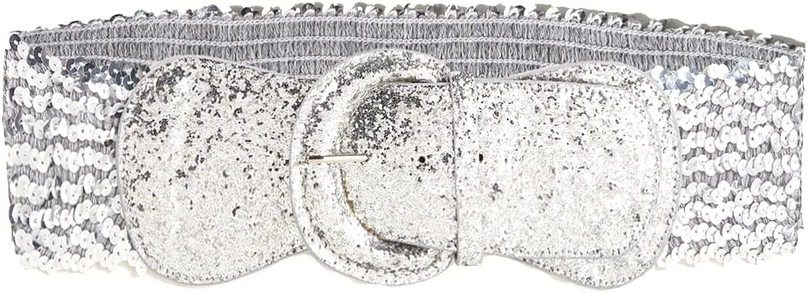COTIM COYIN Womens Sequin Wide Buckle Stretchy Belt, Sparkly Glitter Vintage Elastic Belts for Dress Stretchy Waistband