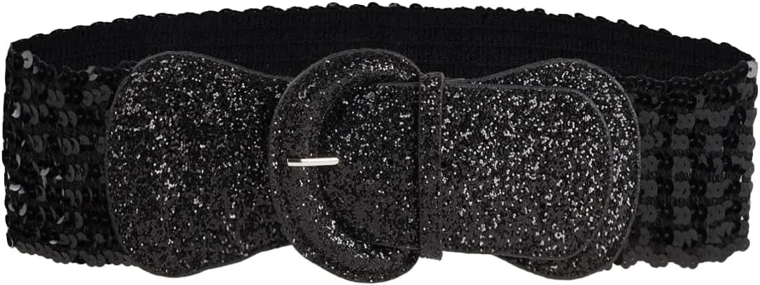 COTIM COYIN Womens Sequin Wide Buckle Stretchy Belt, Sparkly Glitter Vintage Elastic Belts for Dress Stretchy Waistband