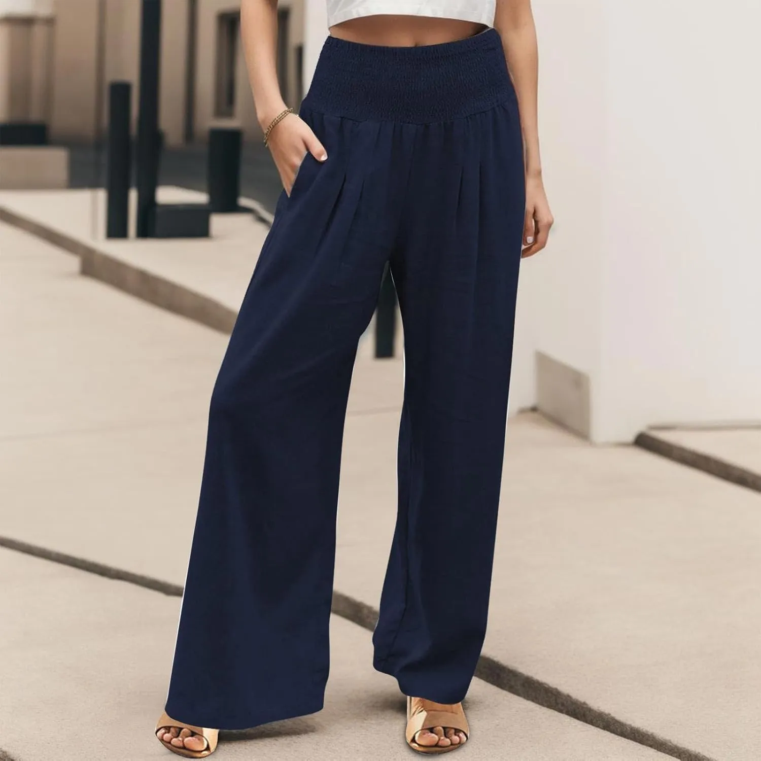 Cotton Linen Pants for Women Summer Casual Loose Wide Leg Palazzo Pants Smocked High Waist Flowy Beach Trousers