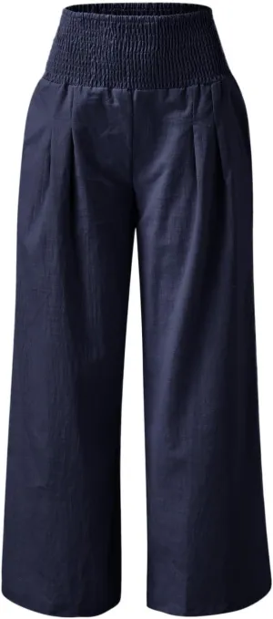 Cotton Linen Pants for Women Summer Casual Loose Wide Leg Palazzo Pants Smocked High Waist Flowy Beach Trousers