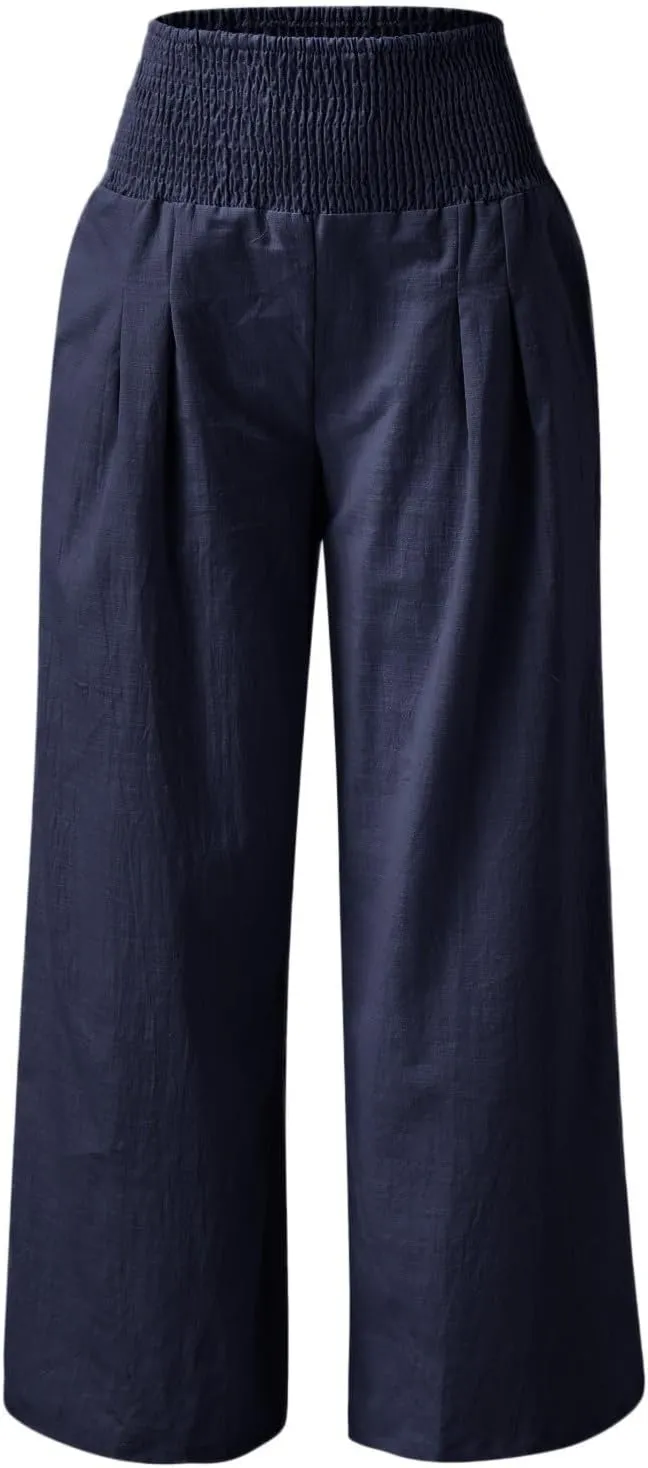 Cotton Linen Pants for Women Summer Casual Loose Wide Leg Palazzo Pants Smocked High Waist Flowy Beach Trousers