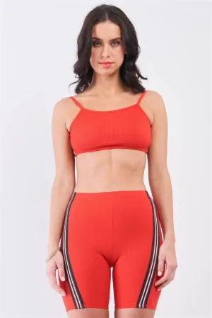 Crimson Red Striped Detail Ribbed Open Back Sleeveless Top & High Waist Biker Shorts Set /3-2-1