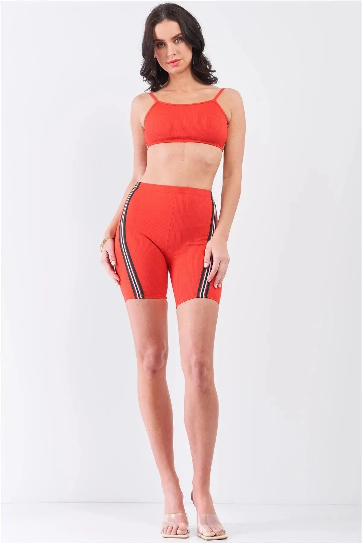 Crimson Red Striped Detail Ribbed Open Back Sleeveless Top & High Waist Biker Shorts Set /3-2-1