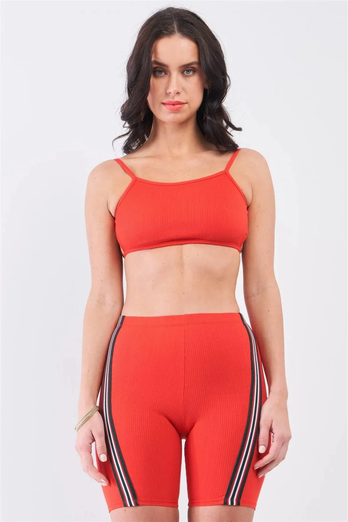 Crimson Red Striped Detail Ribbed Open Back Sleeveless Top & High Waist Biker Shorts Set /3-2-1