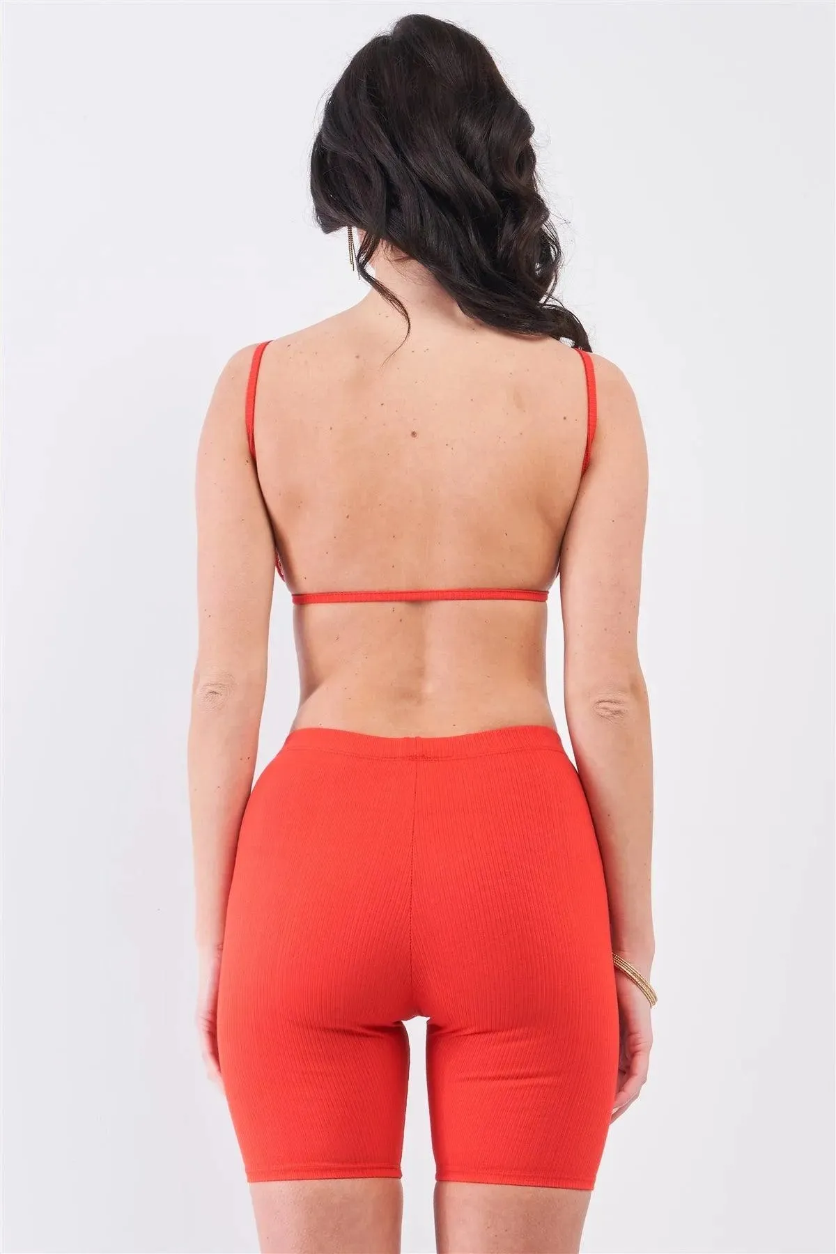 Crimson Red Striped Detail Ribbed Open Back Sleeveless Top & High Waist Biker Shorts Set /3-2-1