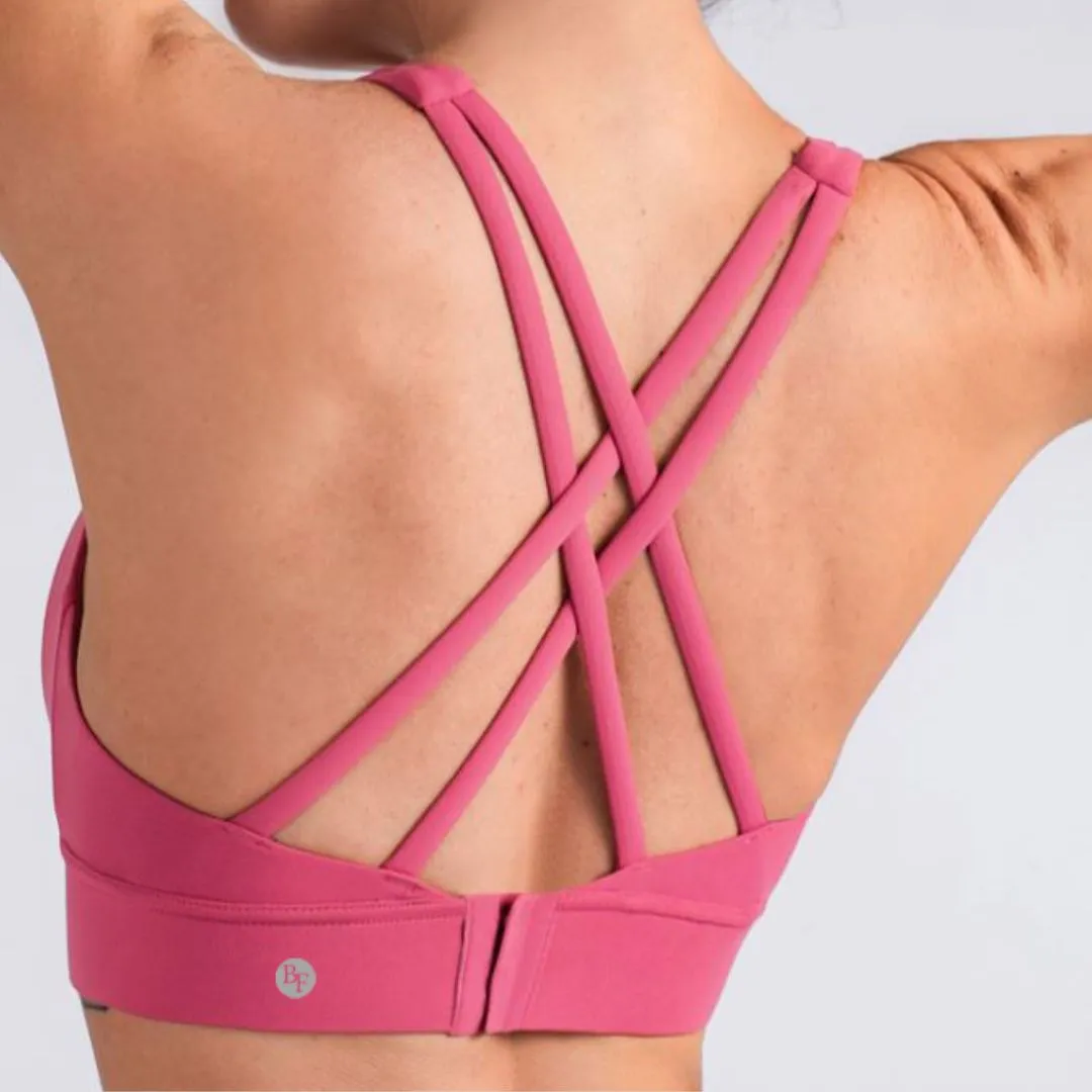 Cross Back Sports Bra With Hooks - Pink