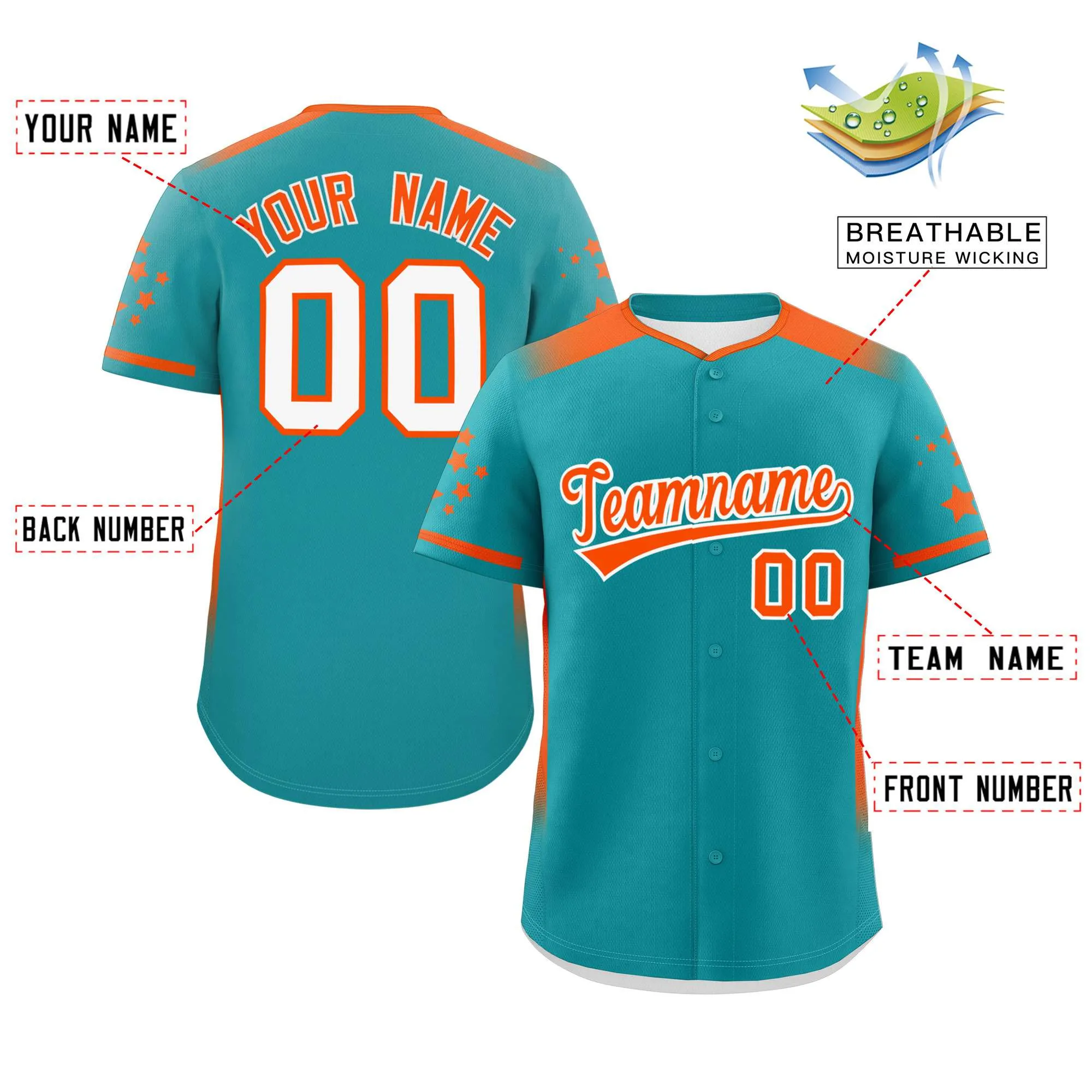Custom Aqua Orange Gradient Side Personalized Star Pattern Authentic Baseball Jersey