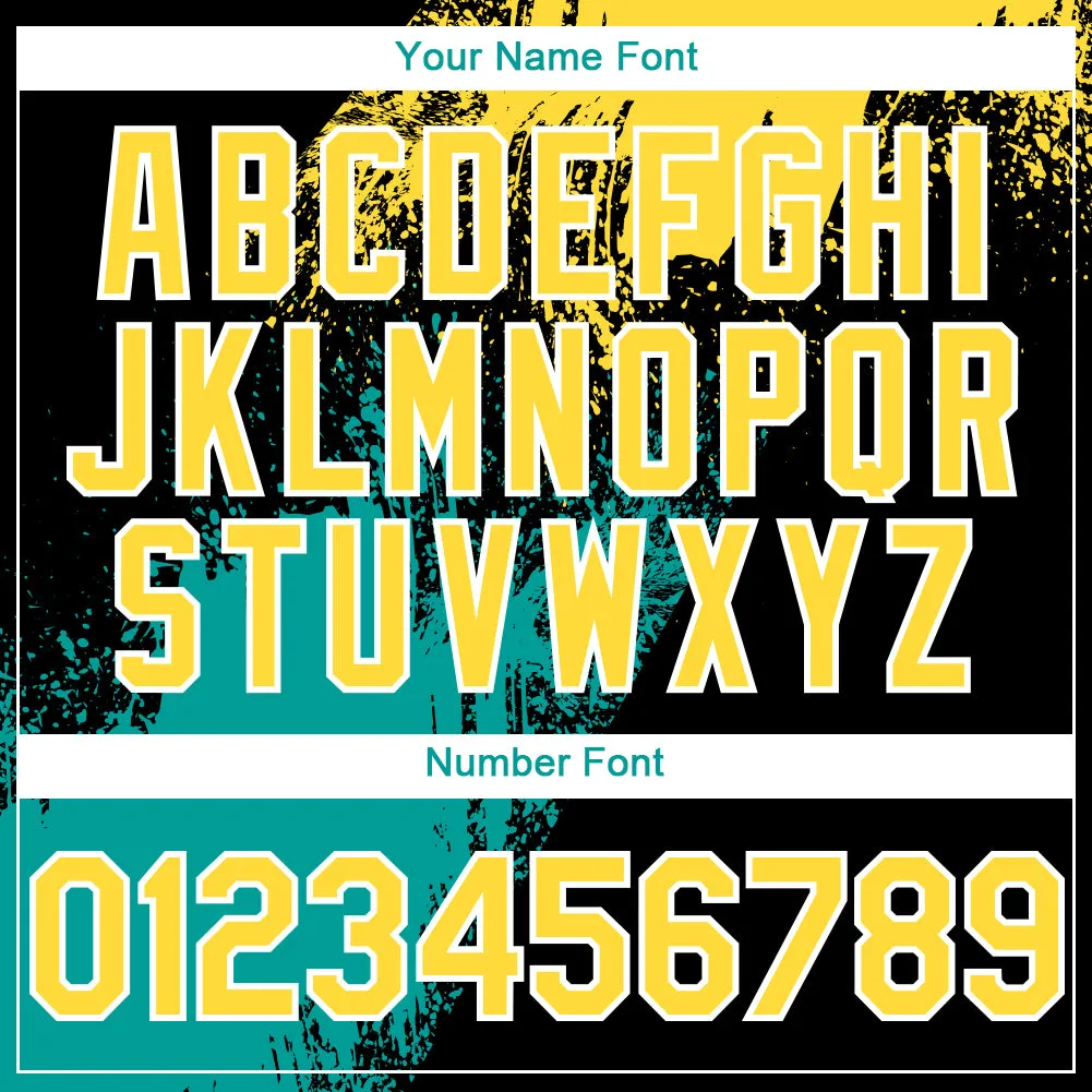 Custom Black Yellow-Teal 3D Pattern Design Abstract Brush Stroke Authentic Baseball Jersey