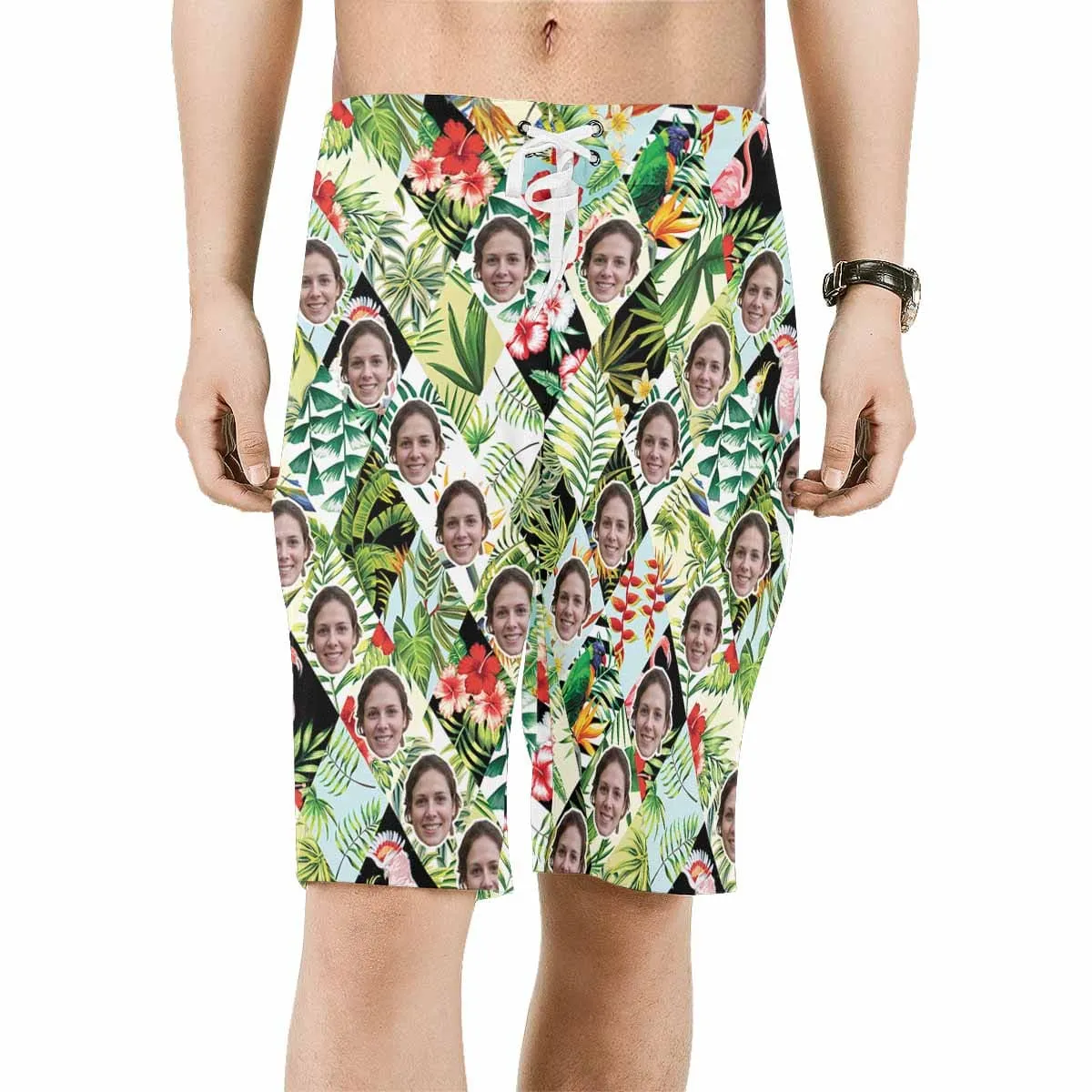 Custom Face Beautiful Flower Personalized Photo Men's Beach Shorts Drawstring Shorts