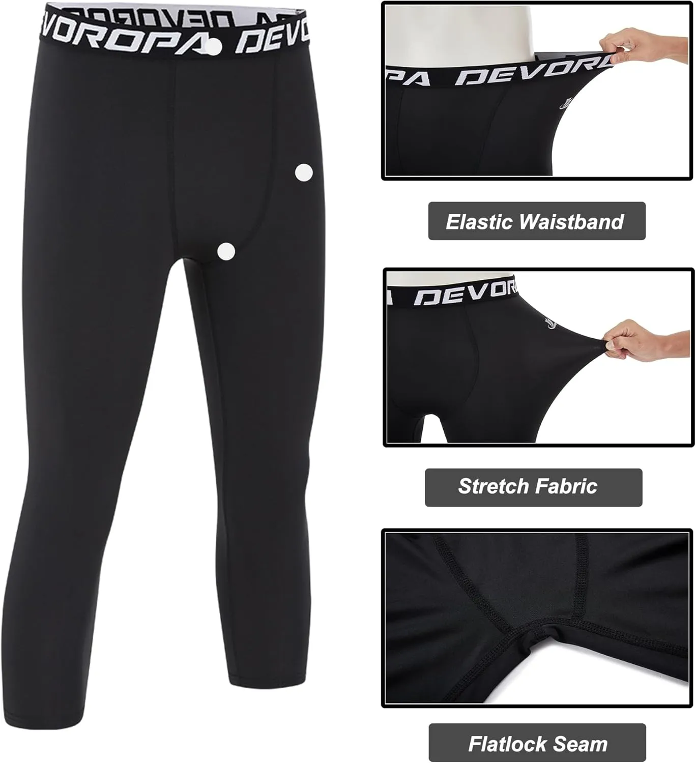 DEVOROPA Boys Leggings Quick Dry Youth Compression Pants Sports Tights Basketball Baseball Base Layer Husky/Slim/Regular Fit