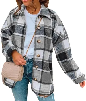 DGHM-JLMY Women Autumn Winter Plaid Long Woolen Coat Loose Plaid Print Pockets Woolen Cardigan Lapel Button Vintage Outerwear