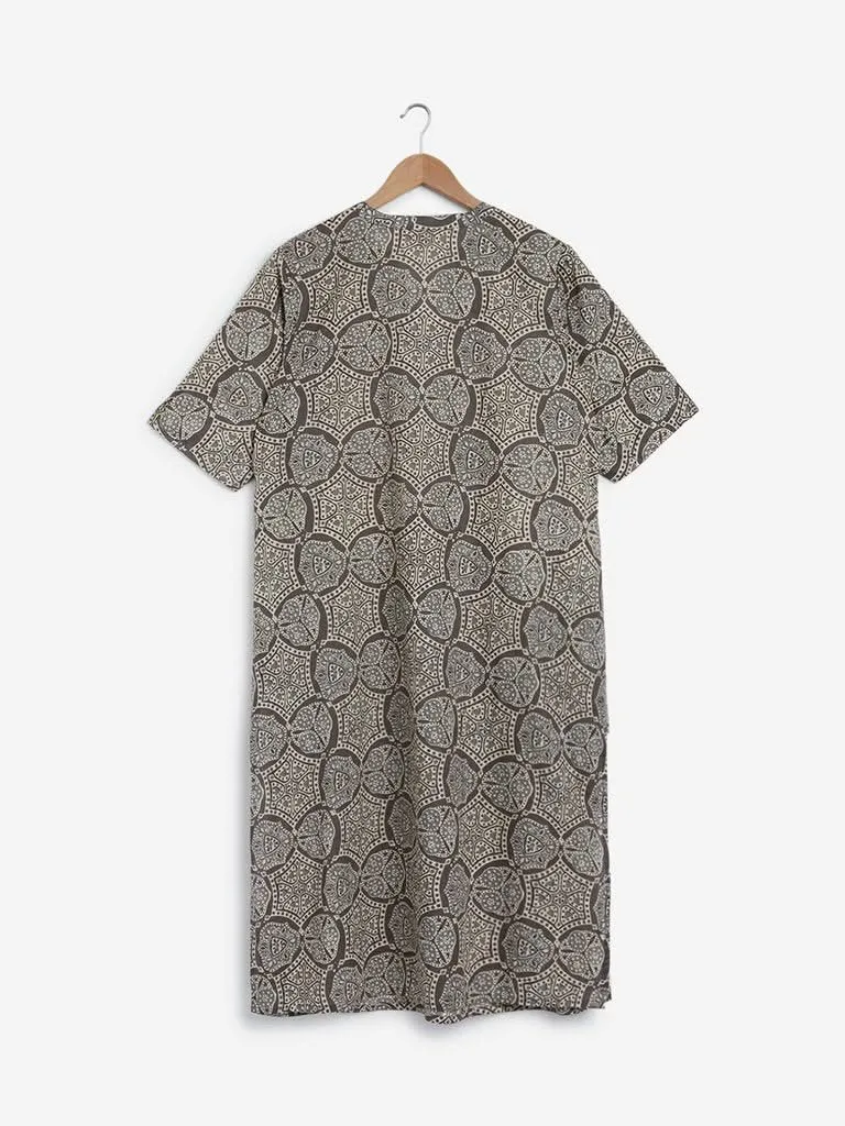 Diza Curves Grey Straight Mosaic Print Kurta