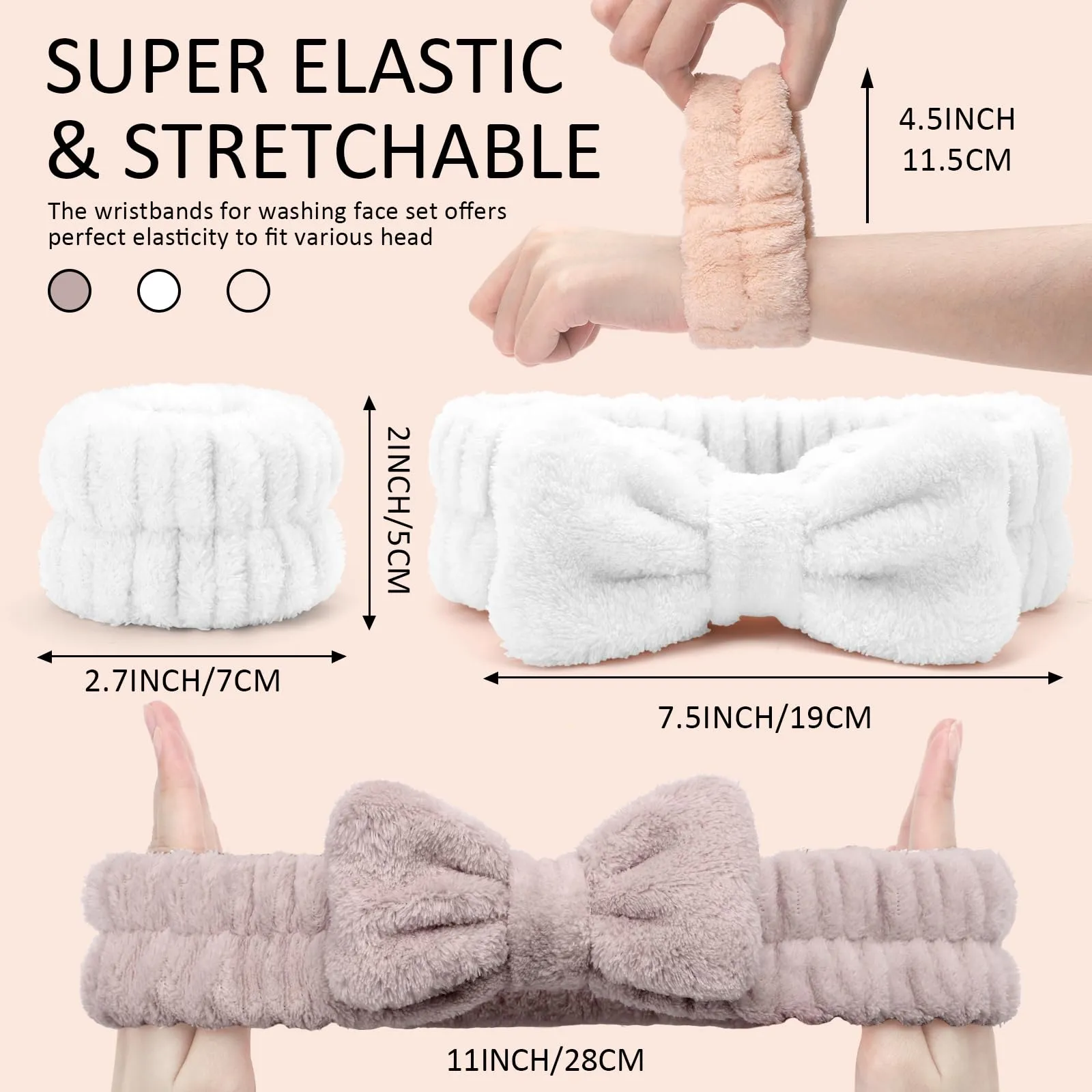 EIMMBD 9 PCS Microfiber Makeup and Spa Headband Wristband Set - Absorbent Sweatbands with Towel Band for Women (Beige White Khaki)