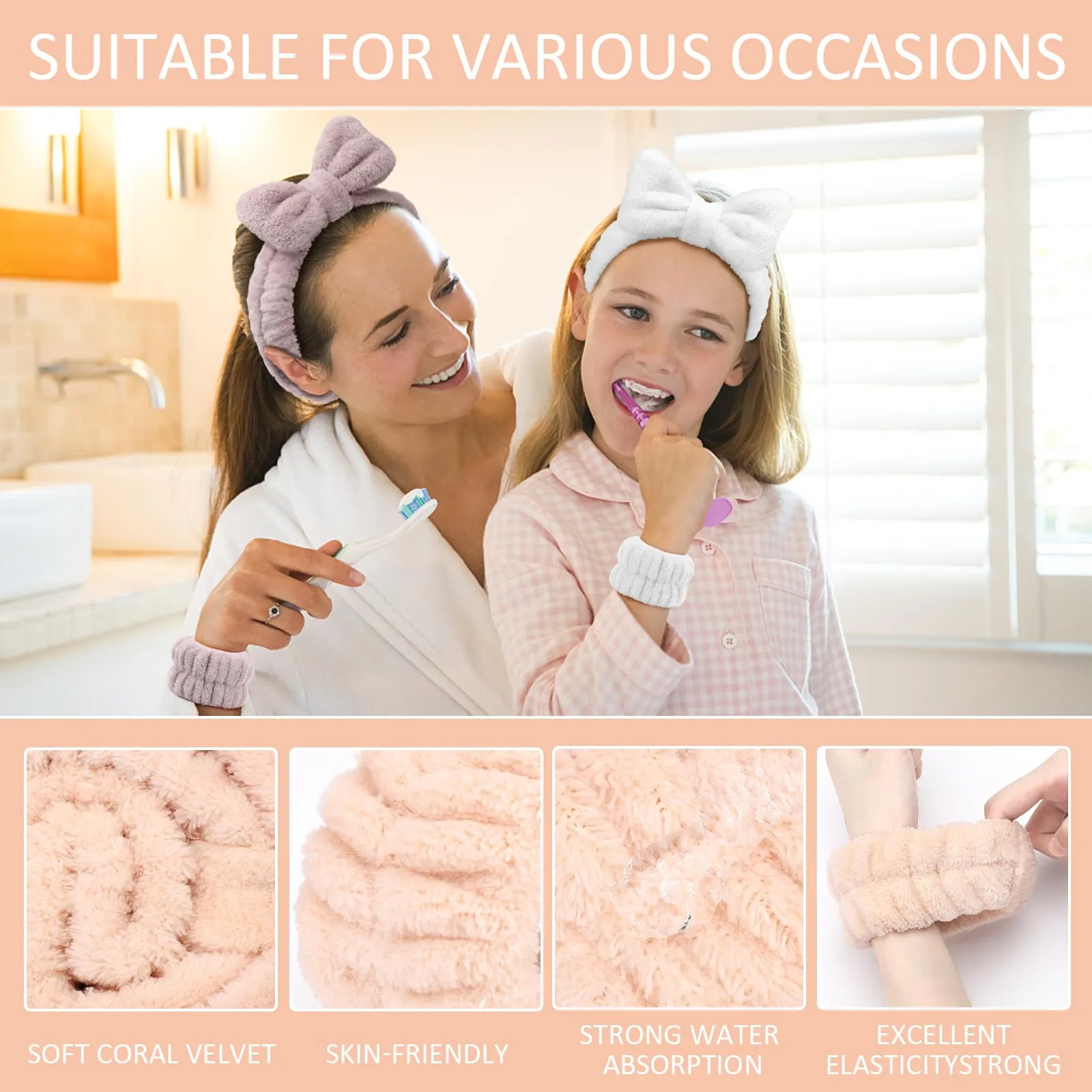 EIMMBD 9 PCS Microfiber Makeup and Spa Headband Wristband Set - Absorbent Sweatbands with Towel Band for Women (Beige White Khaki)