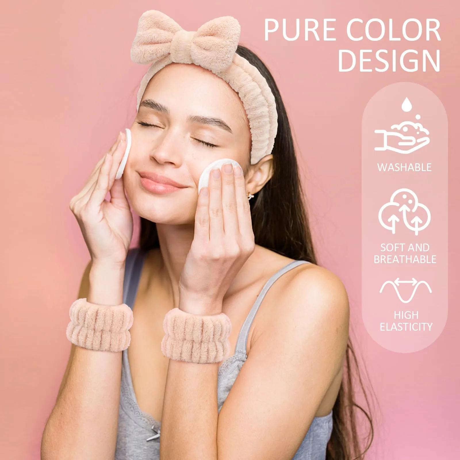 EIMMBD 9 PCS Microfiber Makeup and Spa Headband Wristband Set - Absorbent Sweatbands with Towel Band for Women (Beige White Khaki)
