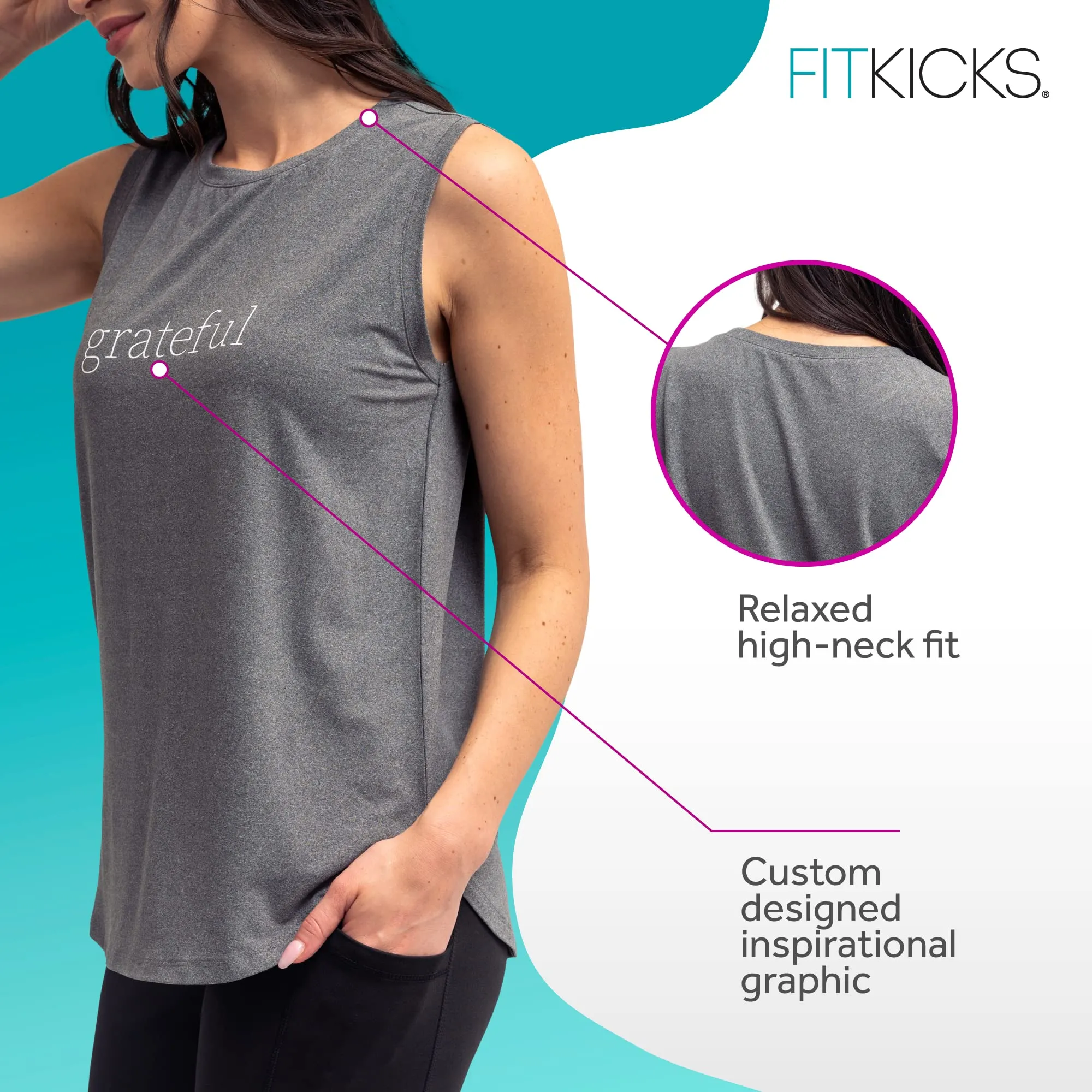 FITKICKS Optimist Active Women's Tank Top, Loose-Fitting Workout Top, Grateful
