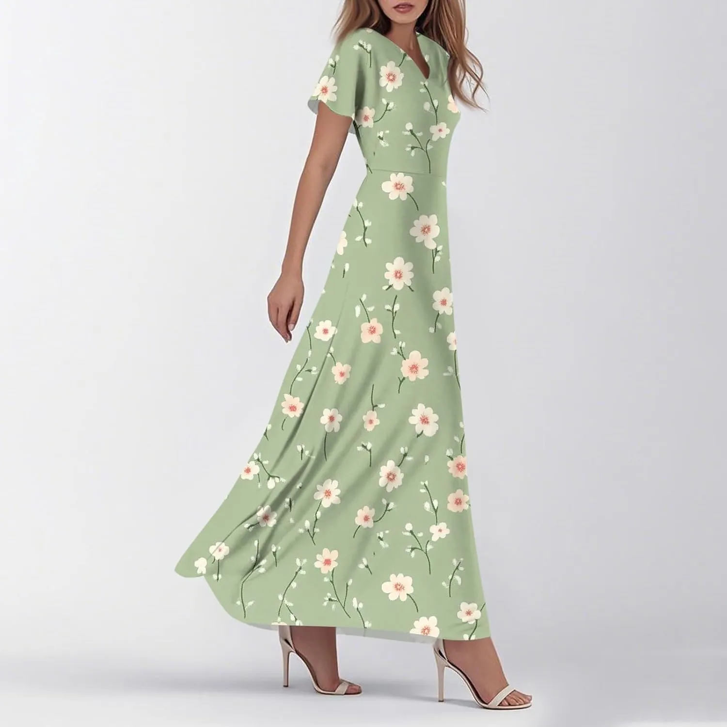 Floral Maxi Dress for Women Summer Short Sleeve Trendy High Waist V-Neck Fashion Party High Waist Maxi Dresses