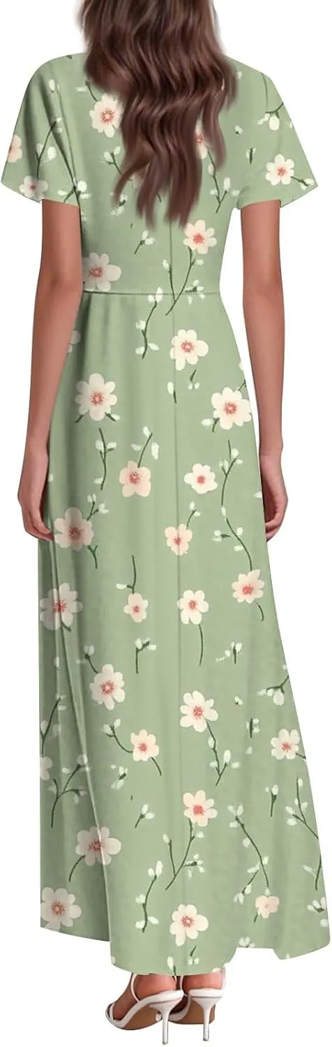 Floral Maxi Dress for Women Summer Short Sleeve Trendy High Waist V-Neck Fashion Party High Waist Maxi Dresses