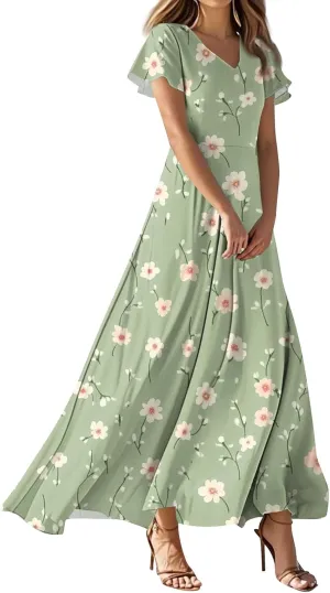 Floral Maxi Dress for Women Summer Short Sleeve Trendy High Waist V-Neck Fashion Party High Waist Maxi Dresses