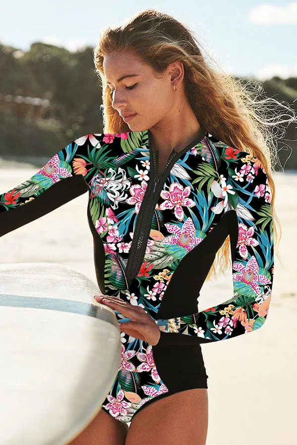 Floral Print Long Sleeve Front Zip UPF50  Rash Guard