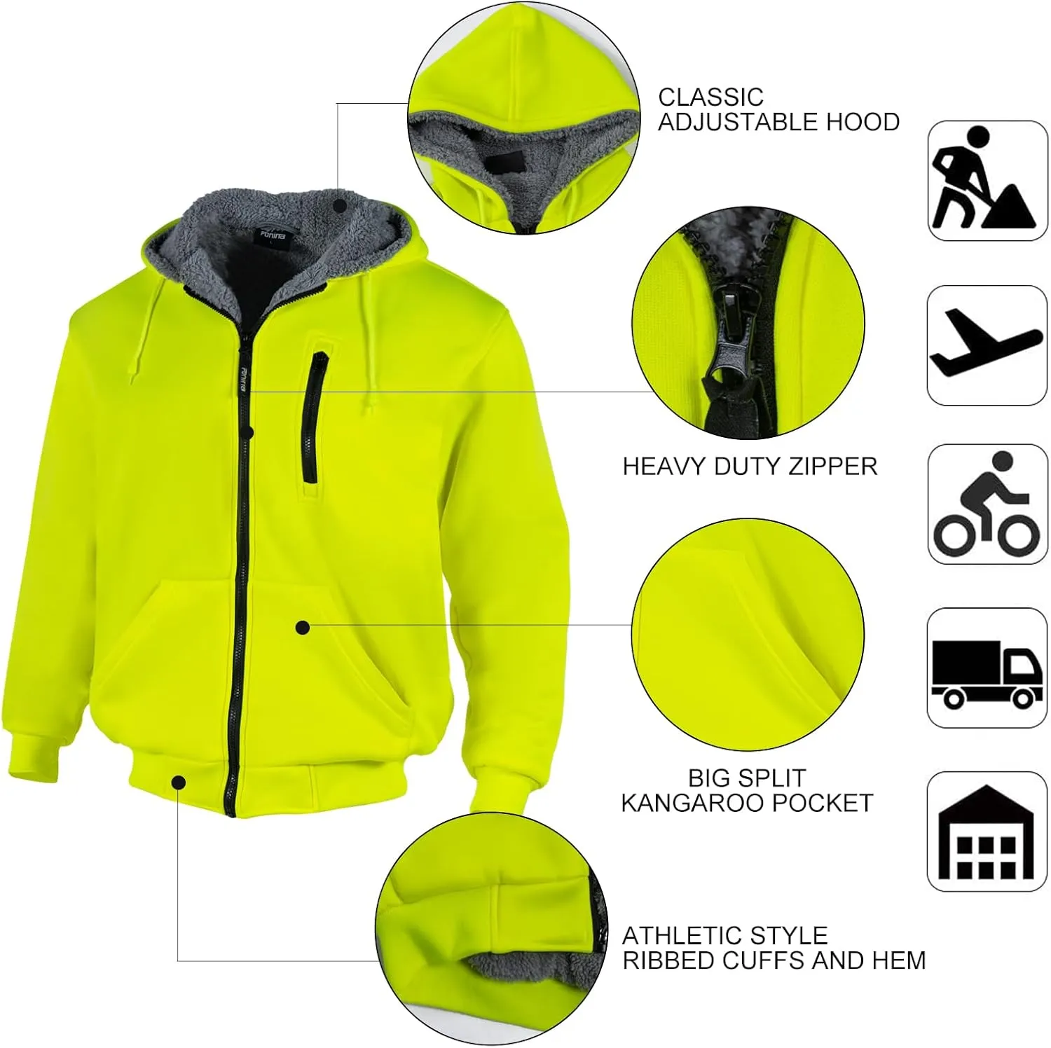 FONIRRA Hi Vis Hoodie for Men Sherpa Fleece Lined Work Sweaters High Visibility Safety Construction Jacket with Zipper