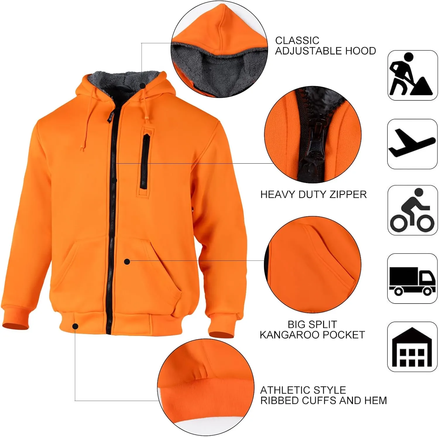 FONIRRA Hi Vis Hoodie for Men Sherpa Fleece Lined Work Sweaters High Visibility Safety Construction Jacket with Zipper