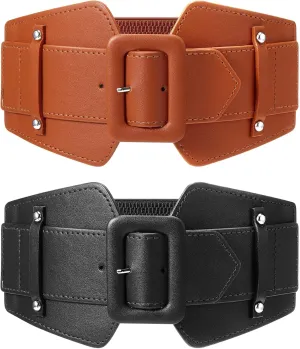 Geyoga 2 Pieces Women Wide Stretchy Cinch Waist Belts Corset Retro Chunky Buckle Belts Stretchy Waistband Dresses