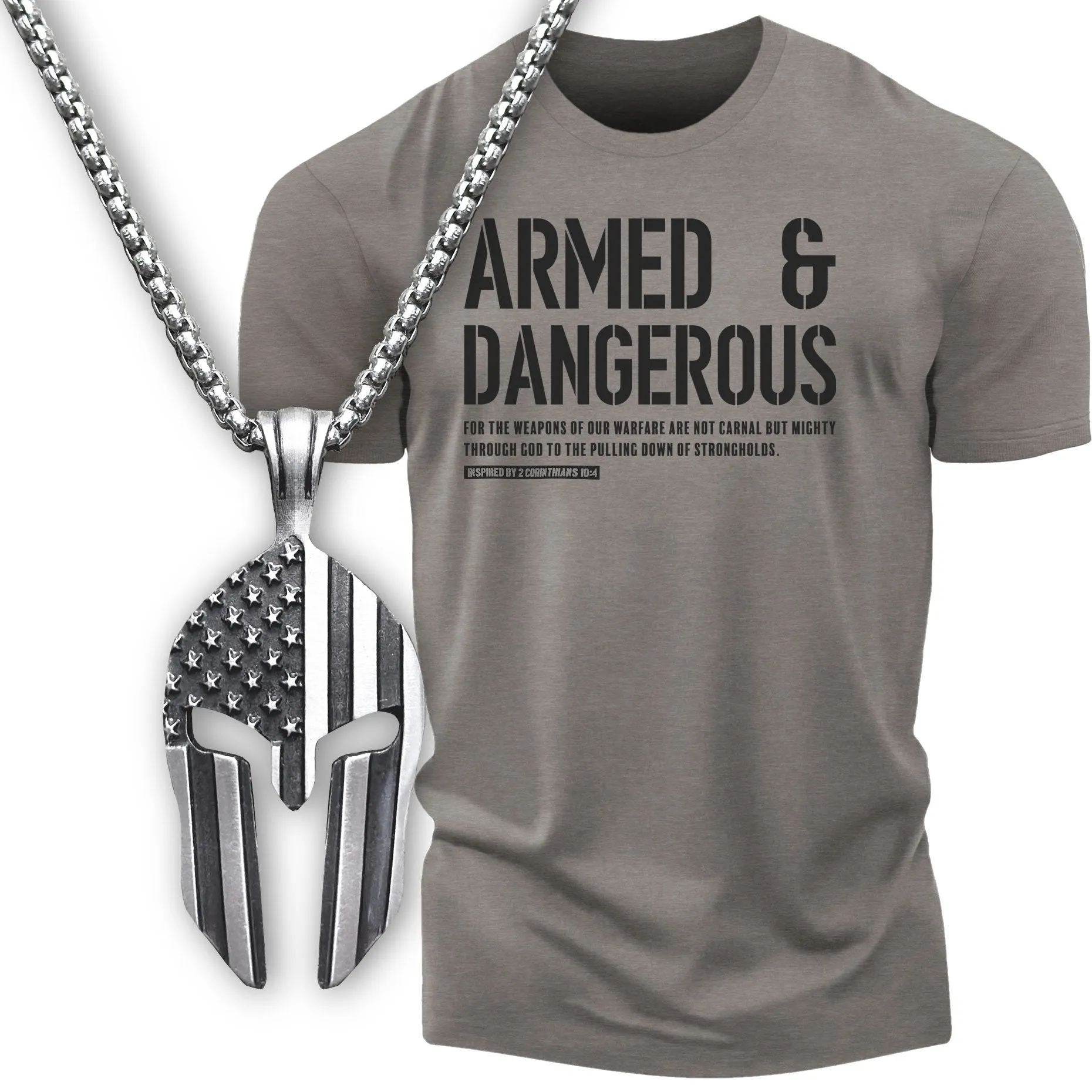 Gift Set for Men Armed and Dangerous Funny Workout Gym T-Shirt with Spartan Warrior Pendant
