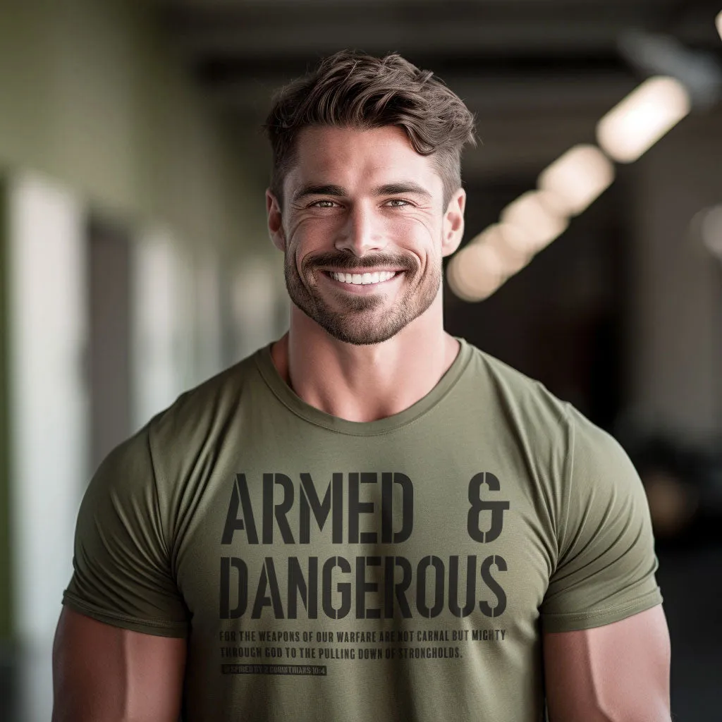 Gift Set for Men Armed and Dangerous Funny Workout Gym T-Shirt with Spartan Warrior Pendant