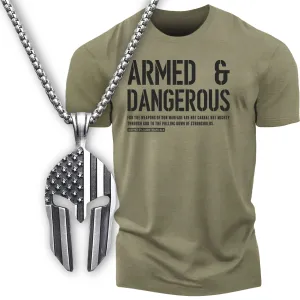 Gift Set for Men Armed and Dangerous Funny Workout Gym T-Shirt with Spartan Warrior Pendant