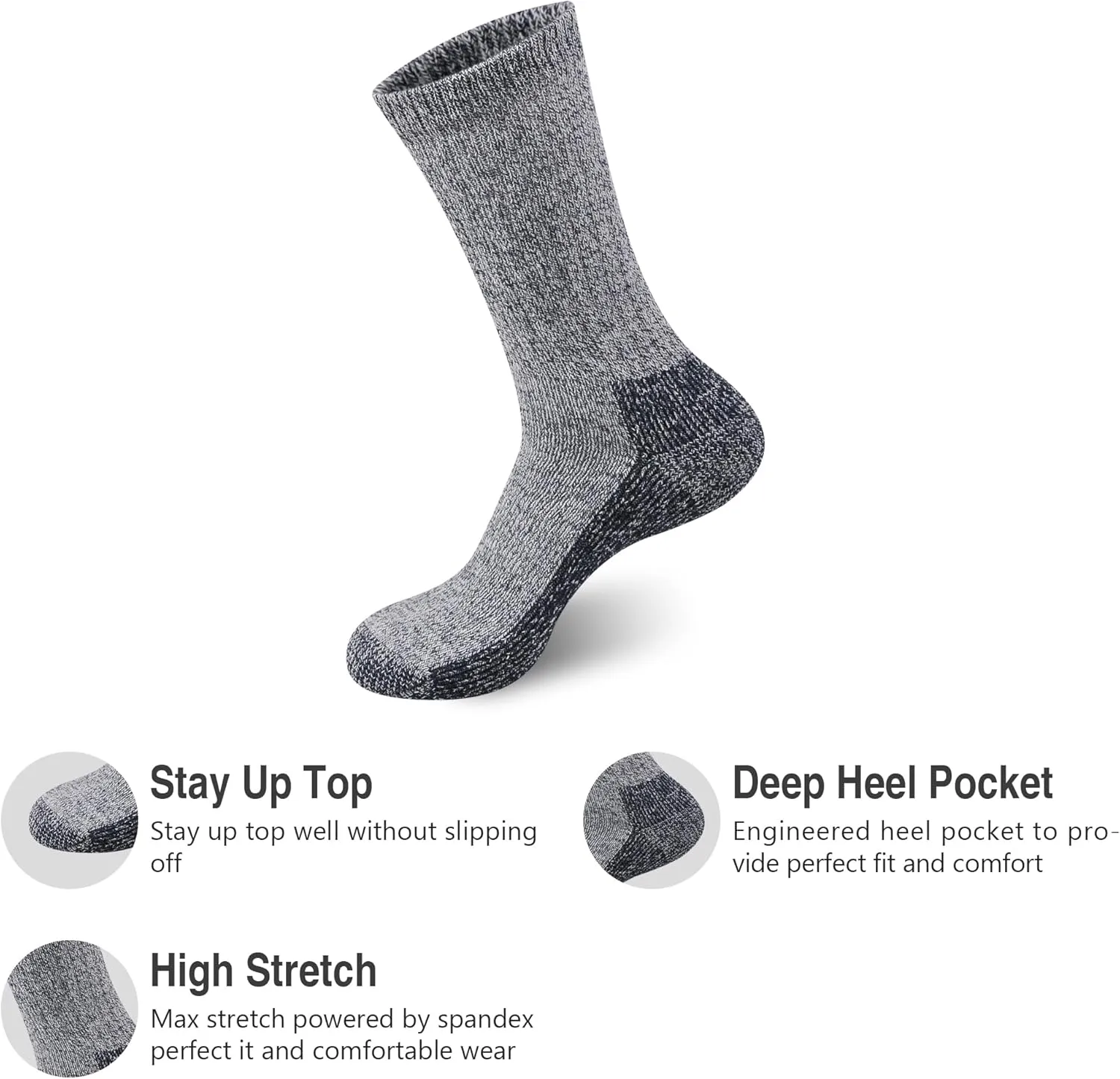 GKX Men's Merino Wool Moisture Wicking Outdoor Hiking Trekking Work Cushion Crew Socks 9-11,10-13