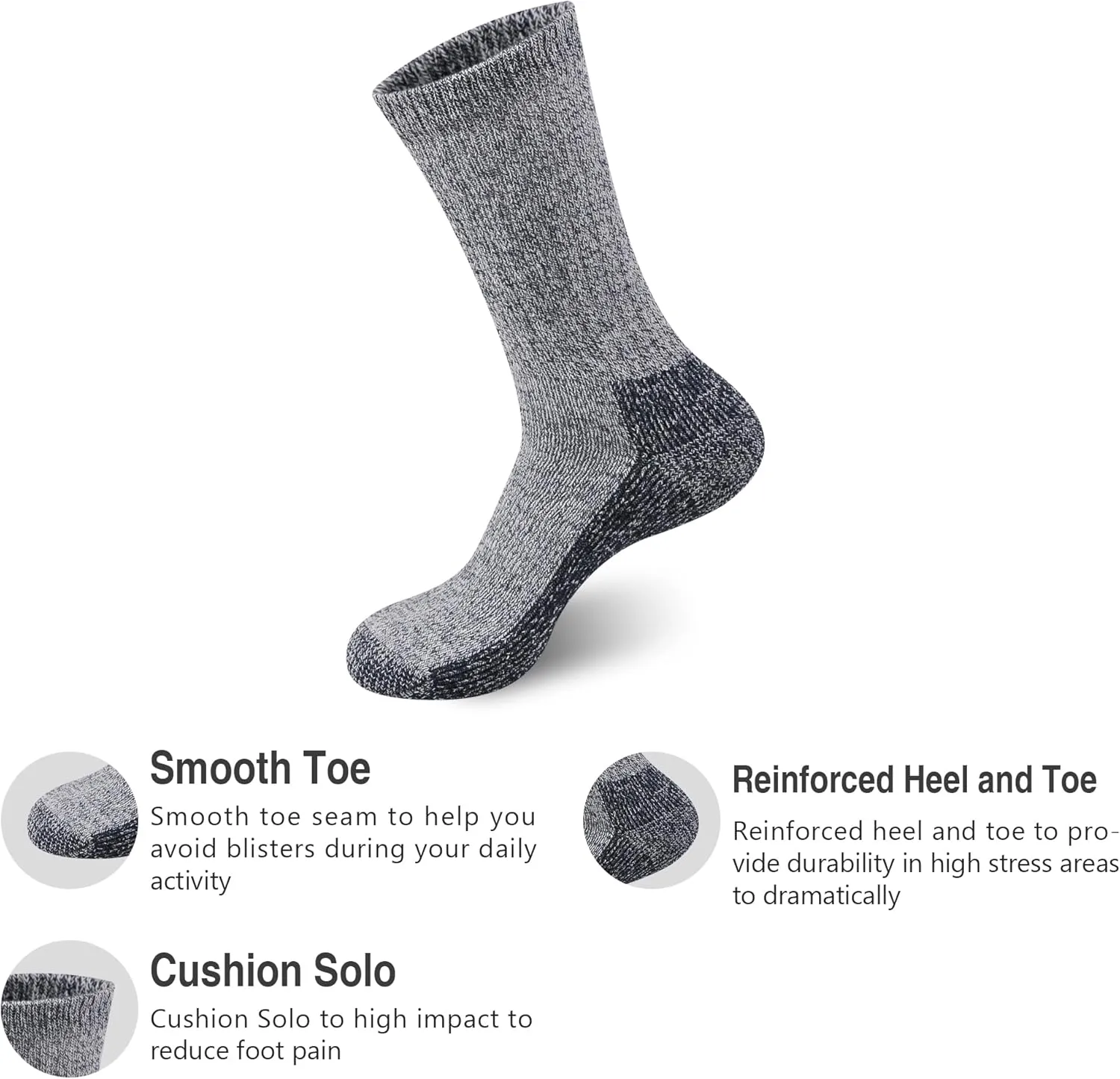 GKX Men's Merino Wool Moisture Wicking Outdoor Hiking Trekking Work Cushion Crew Socks 9-11,10-13