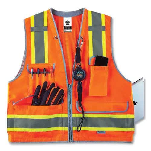 Glowear 8254hdz Class 2 Heavy-duty Surveyors Zipper Vest, Polyester, Large/x-large, Orange, Ships In 1-3 Business Days