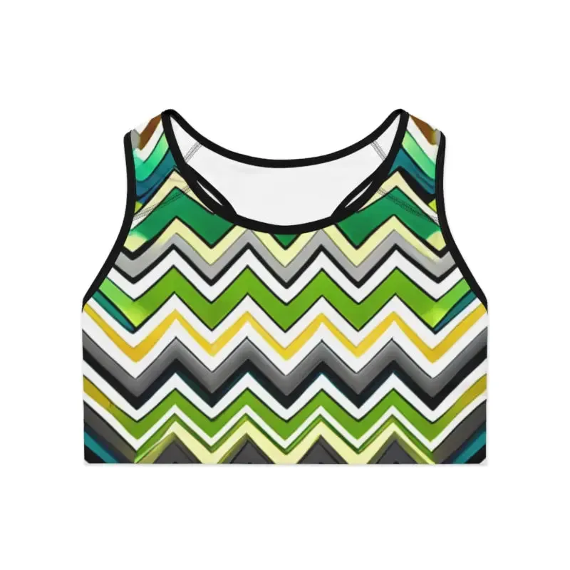 Green Zig Zag Pattern Sports Bra