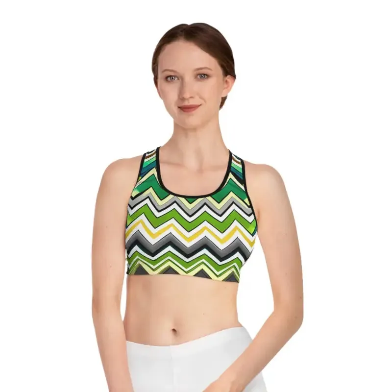 Green Zig Zag Pattern Sports Bra