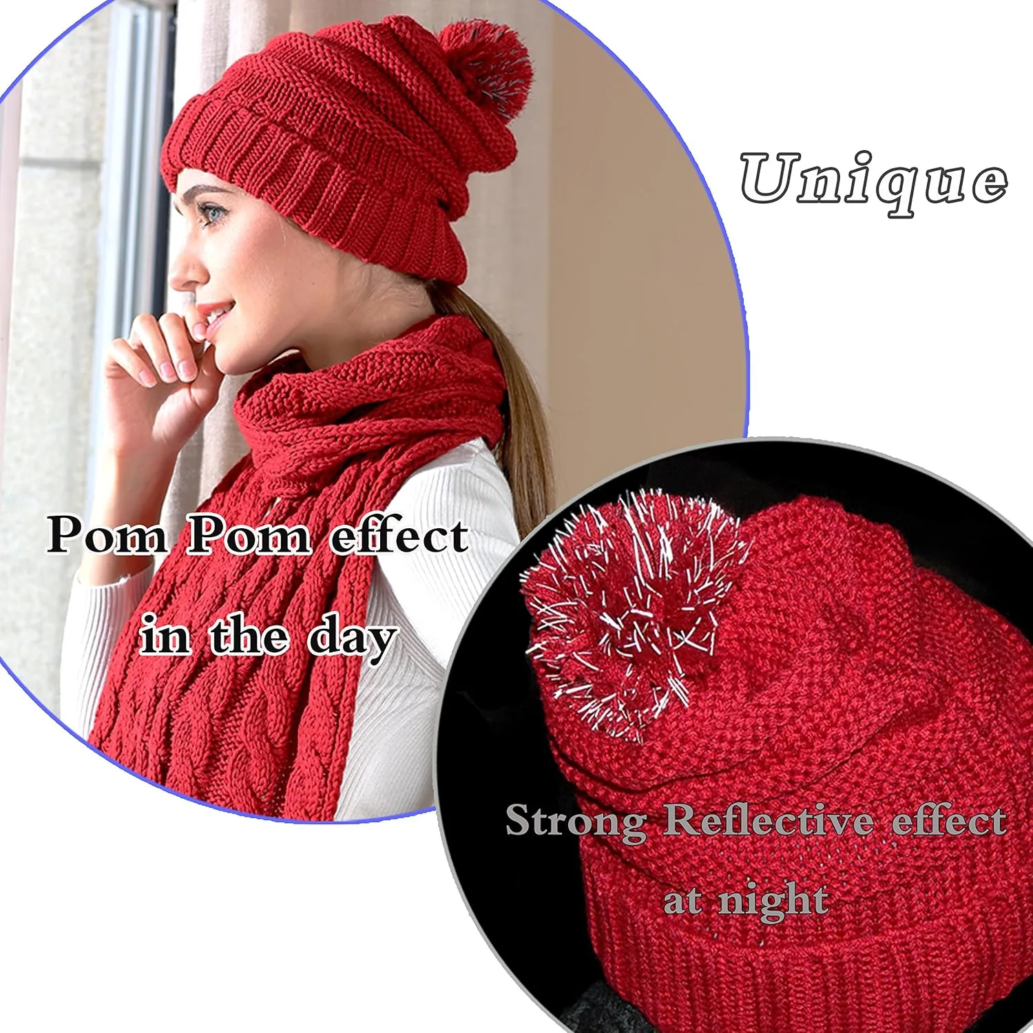 Hat Scarf and Gloves Set for Women - Cable Knit Beanie with Pom, TouchScreen Gloves, Warm Winter Gift