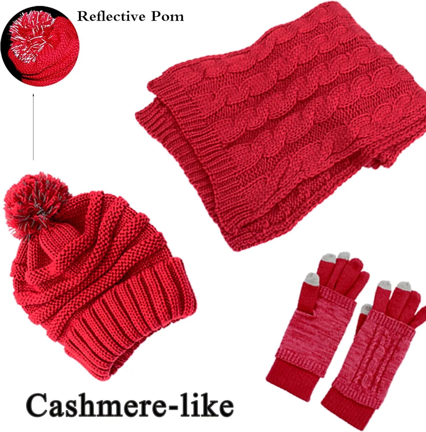 Hat Scarf and Gloves Set for Women - Cable Knit Beanie with Pom, TouchScreen Gloves, Warm Winter Gift