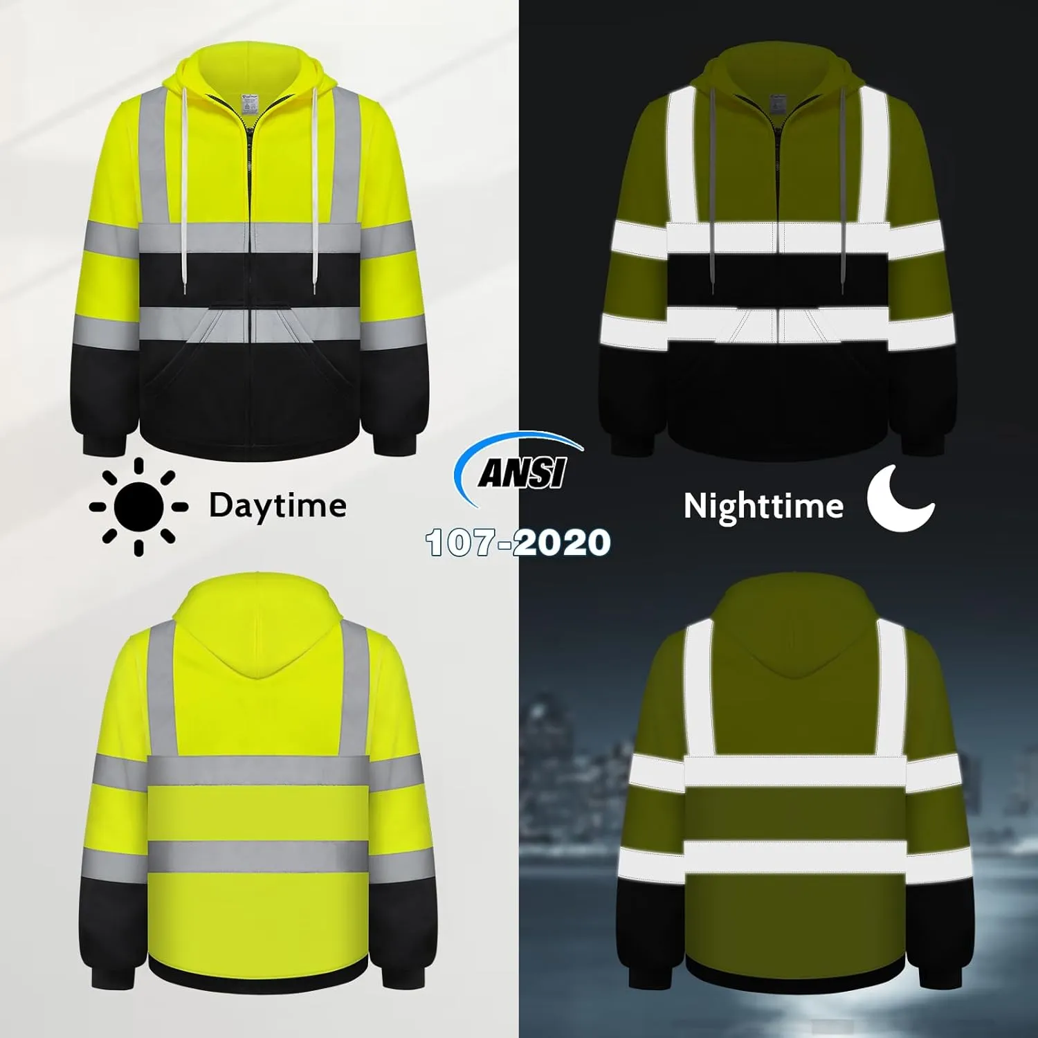 Hi Vis Hoodie for Men Women, Class 3 High Visibility Sweatshirts with Zipper, Reflective Hoodie with Black Bottom for Construction, Yellow, XL