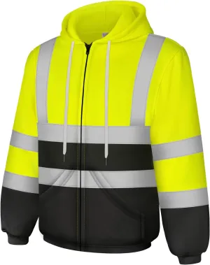 Hi Vis Hoodie for Men Women, Class 3 High Visibility Sweatshirts with Zipper, Reflective Hoodie with Black Bottom for Construction, Yellow, XL