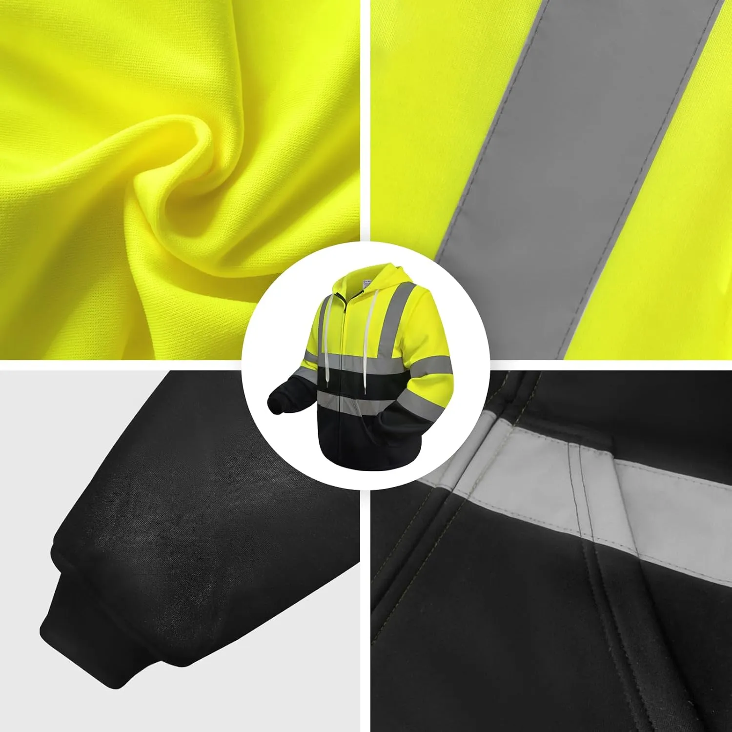 Hi Vis Hoodie for Men Women, Class 3 High Visibility Sweatshirts with Zipper, Reflective Hoodie with Black Bottom for Construction, Yellow, XL