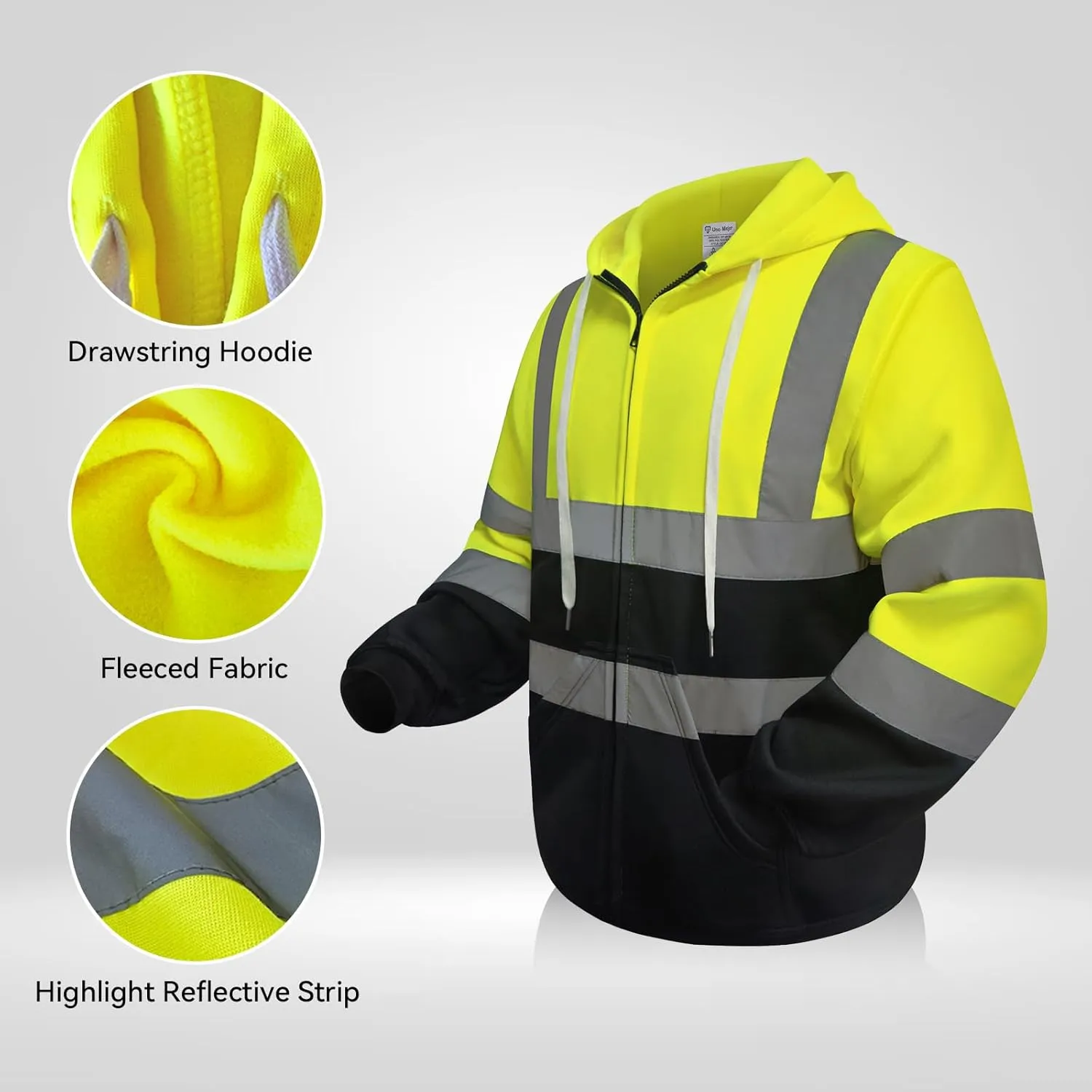 Hi Vis Hoodie for Men Women, Class 3 High Visibility Sweatshirts with Zipper, Reflective Hoodie with Black Bottom for Construction, Yellow, XL