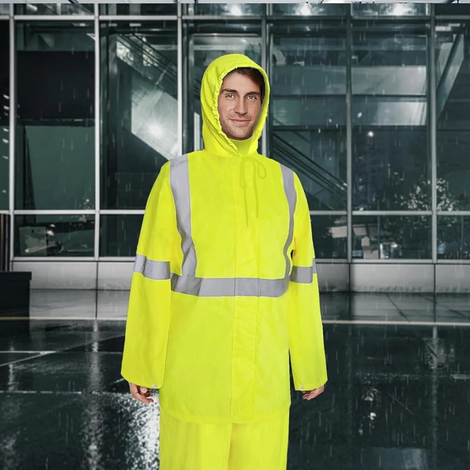 Hi Vis Rain Jacket Rain Suits for Men, High Visibility Waterproof Rain Coat with Hood, Class 3 Lightweight High Vis Rain Gear for Outdoor Activities& Safety Work, Men Women, Yellow T, L-XL