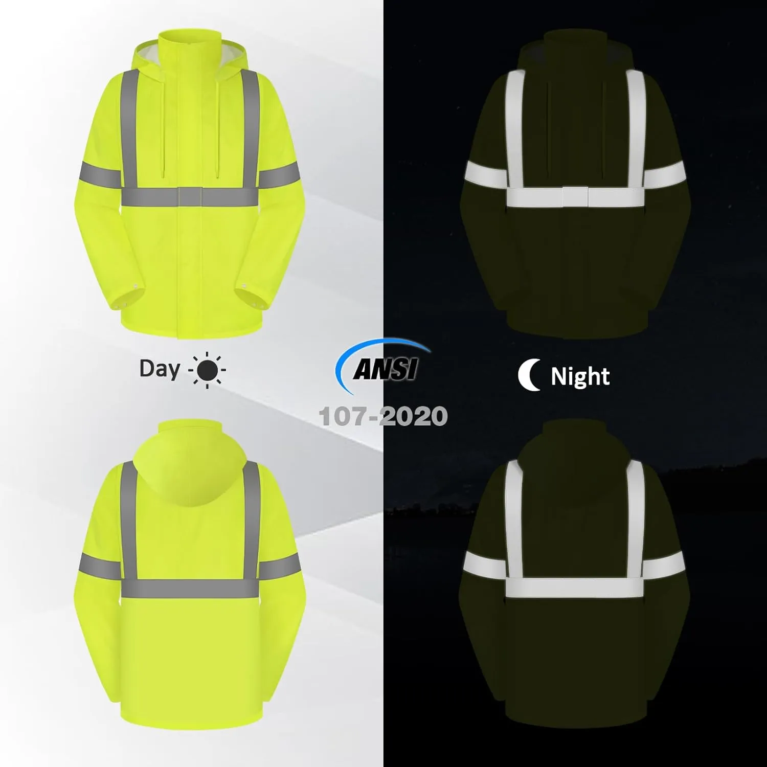 Hi Vis Rain Jacket Rain Suits for Men, High Visibility Waterproof Rain Coat with Hood, Class 3 Lightweight High Vis Rain Gear for Outdoor Activities& Safety Work, Men Women, Yellow T, L-XL