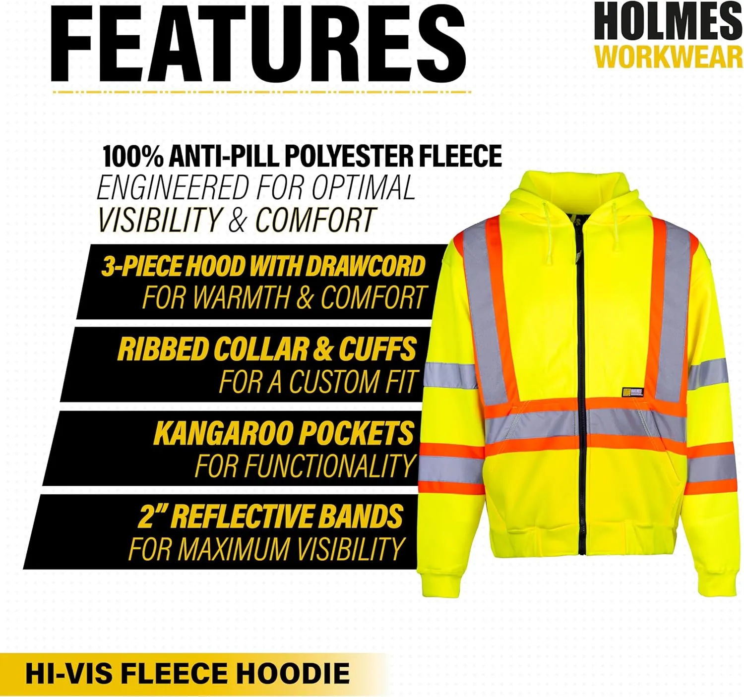 Hi-Vis Yellow Polyester Hoodie with Reflective Stripes