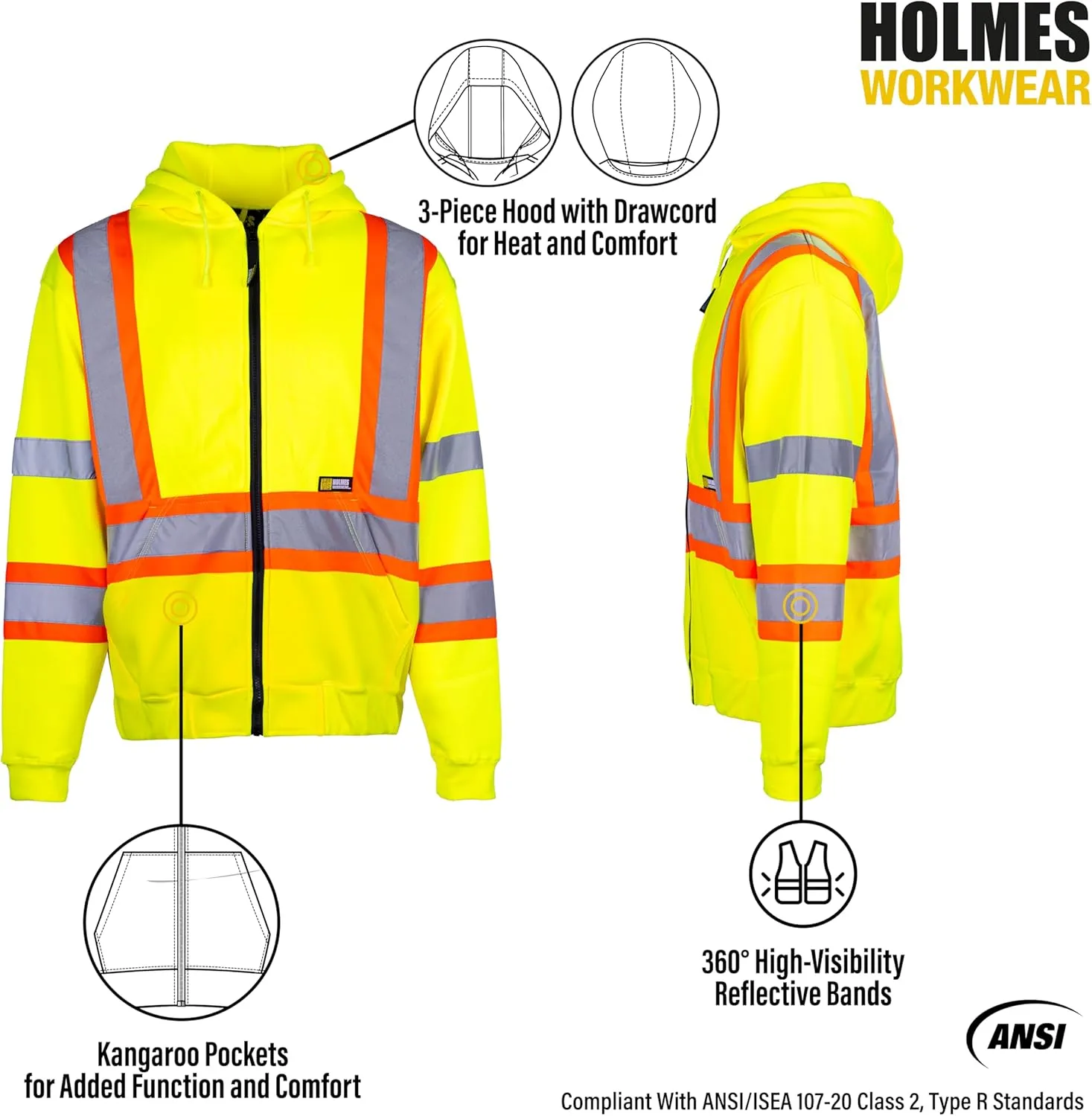 Hi-Vis Yellow Polyester Hoodie with Reflective Stripes