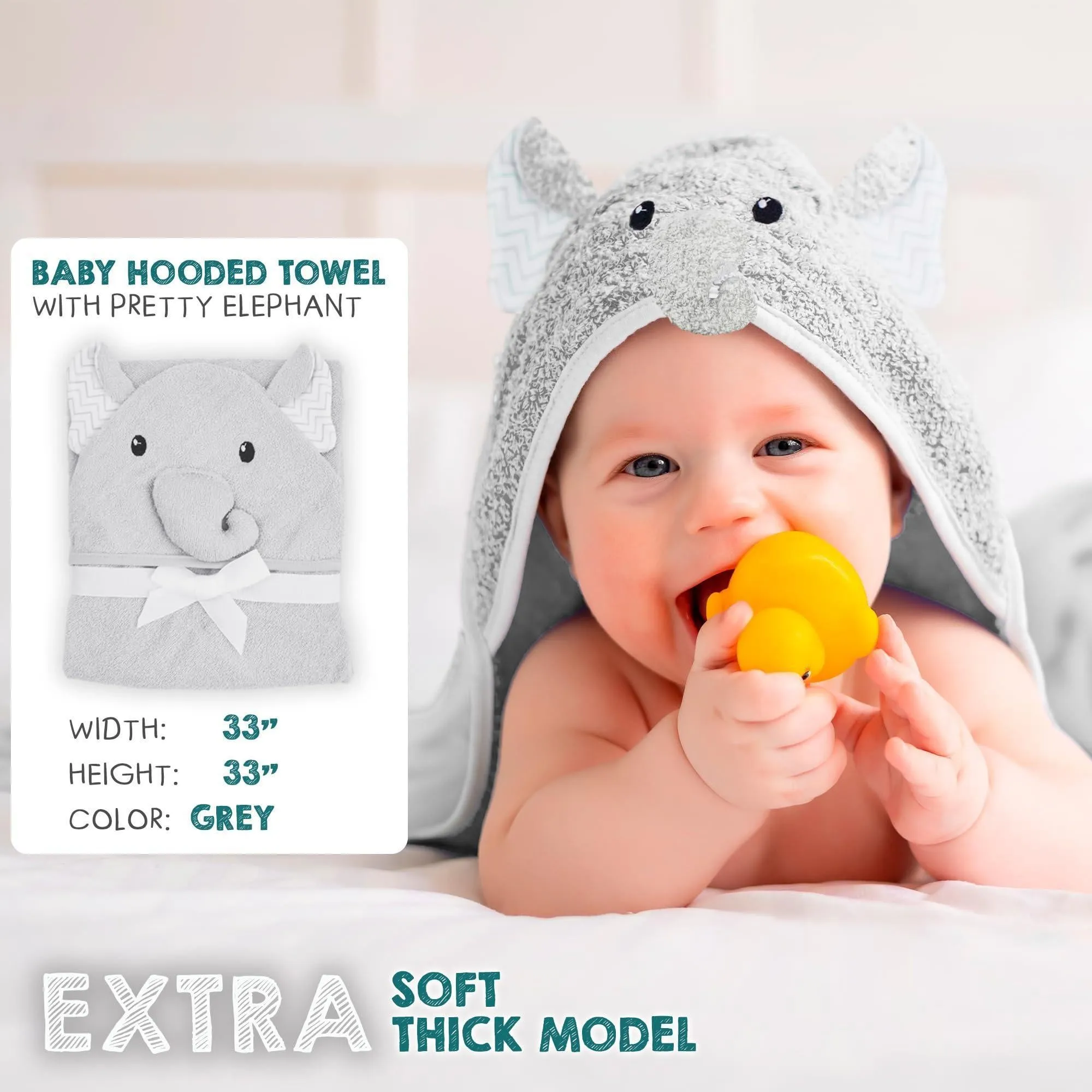 Hooded Baby Towels 33x33 Inch with Elephant Face Light Gray Baby Bath Towel