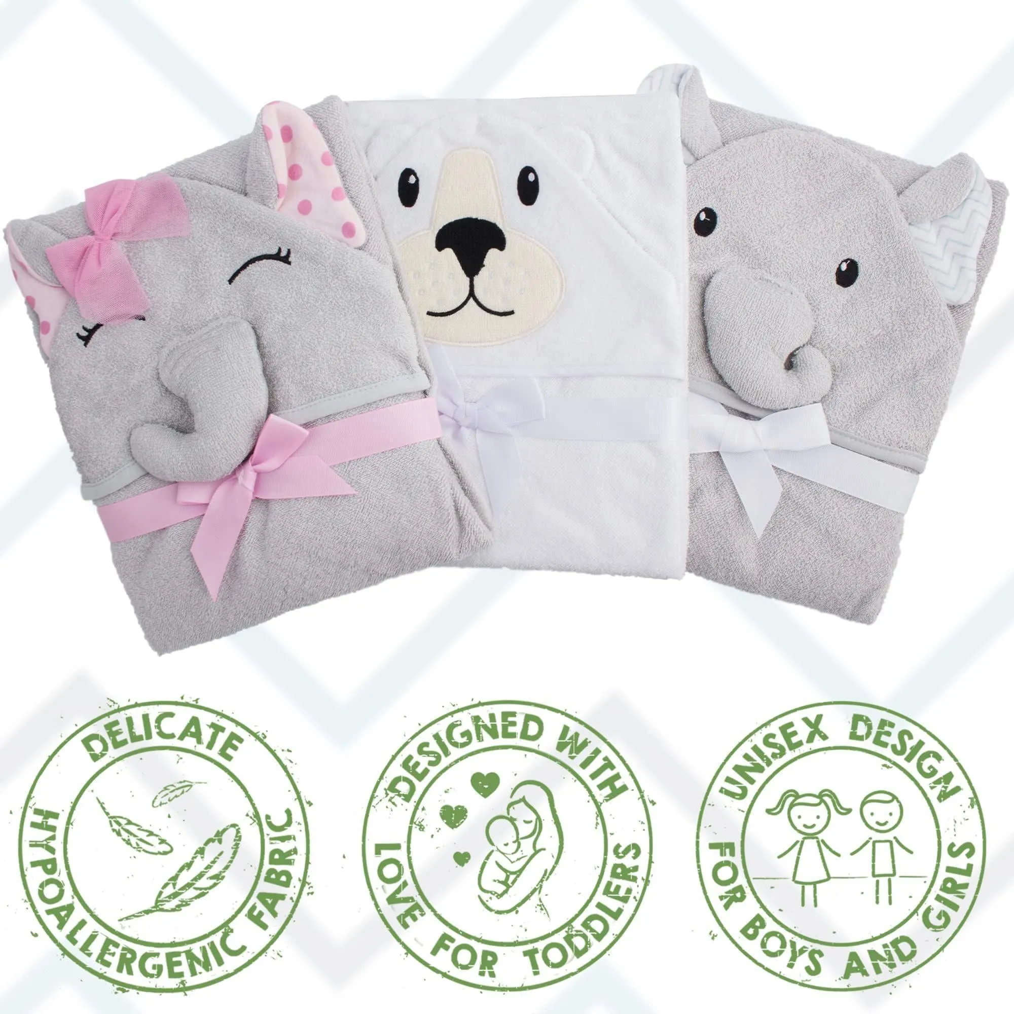Hooded Baby Towels 33x33 Inch with Elephant Face Light Gray Baby Bath Towel