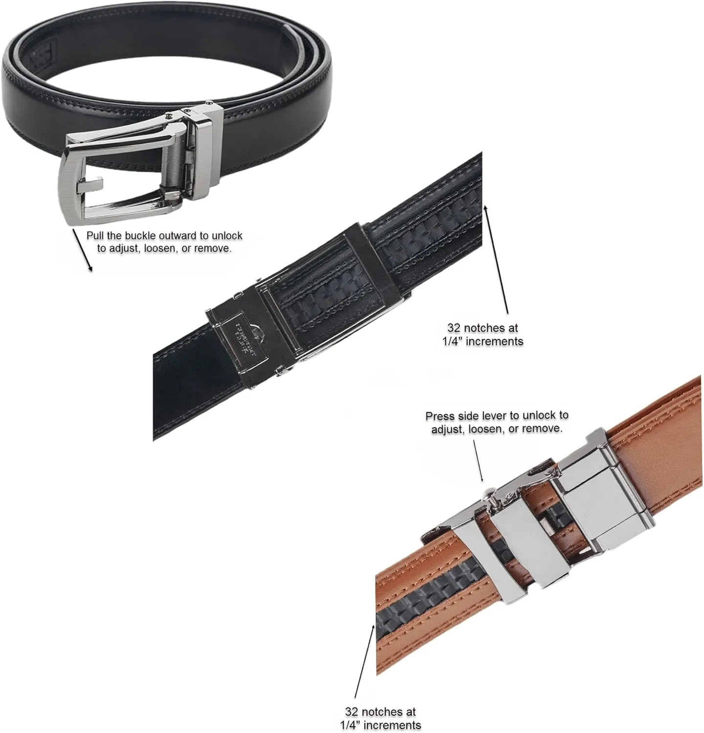 Jacob Alexander 2 Pack or 3 Pack Men's Genuine Leather Adjustable Dress Ratchet Track Belt