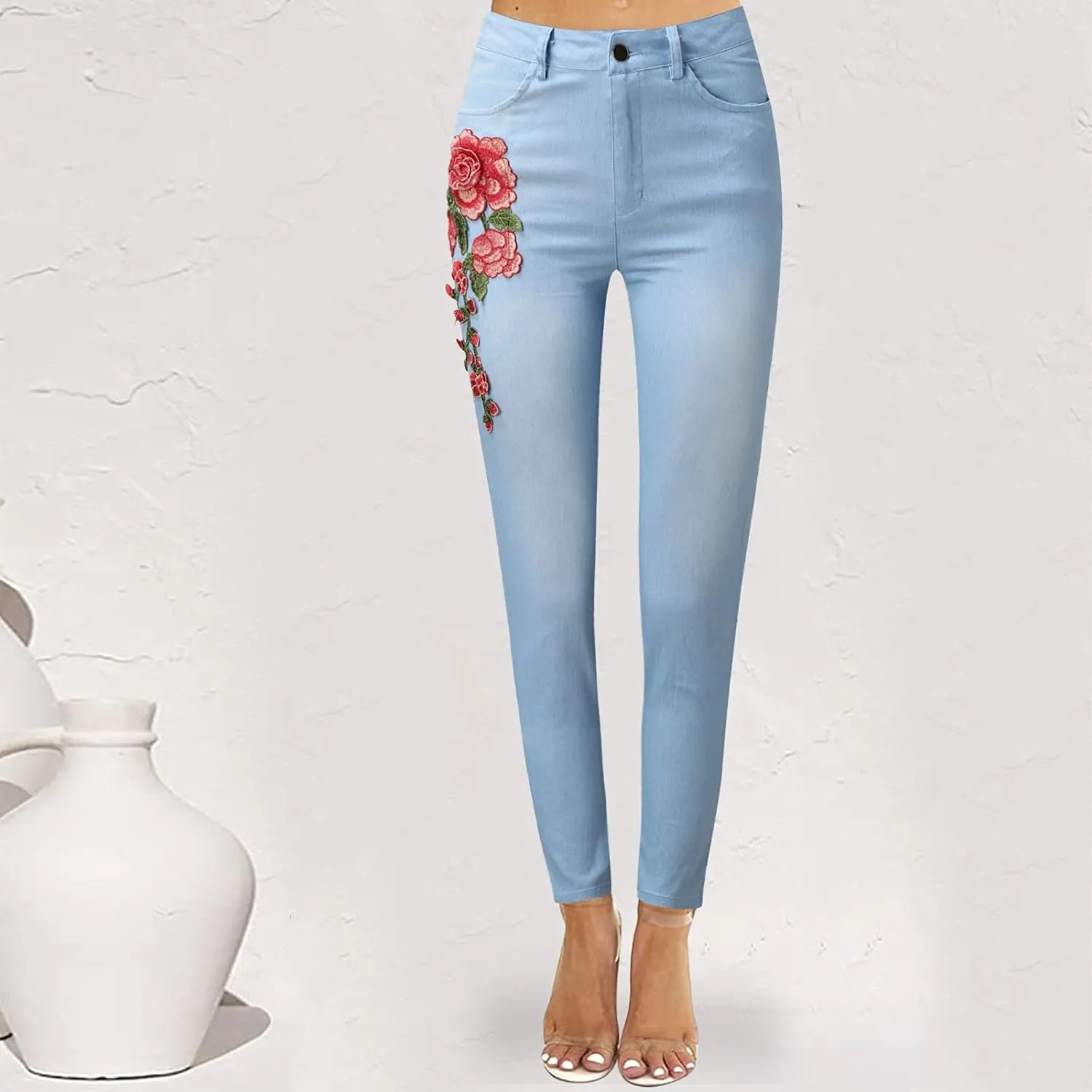 Jeans for Women High Waist - Casual Embroidery Pencil Pants Pants High Waist Womens Skinny Pants